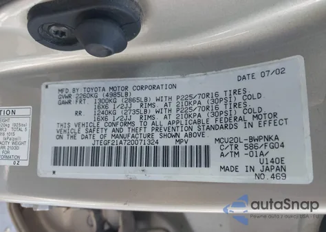 2002 Toyota Highlander V6 from USA, damaged, VIN JTEGF21A720071324